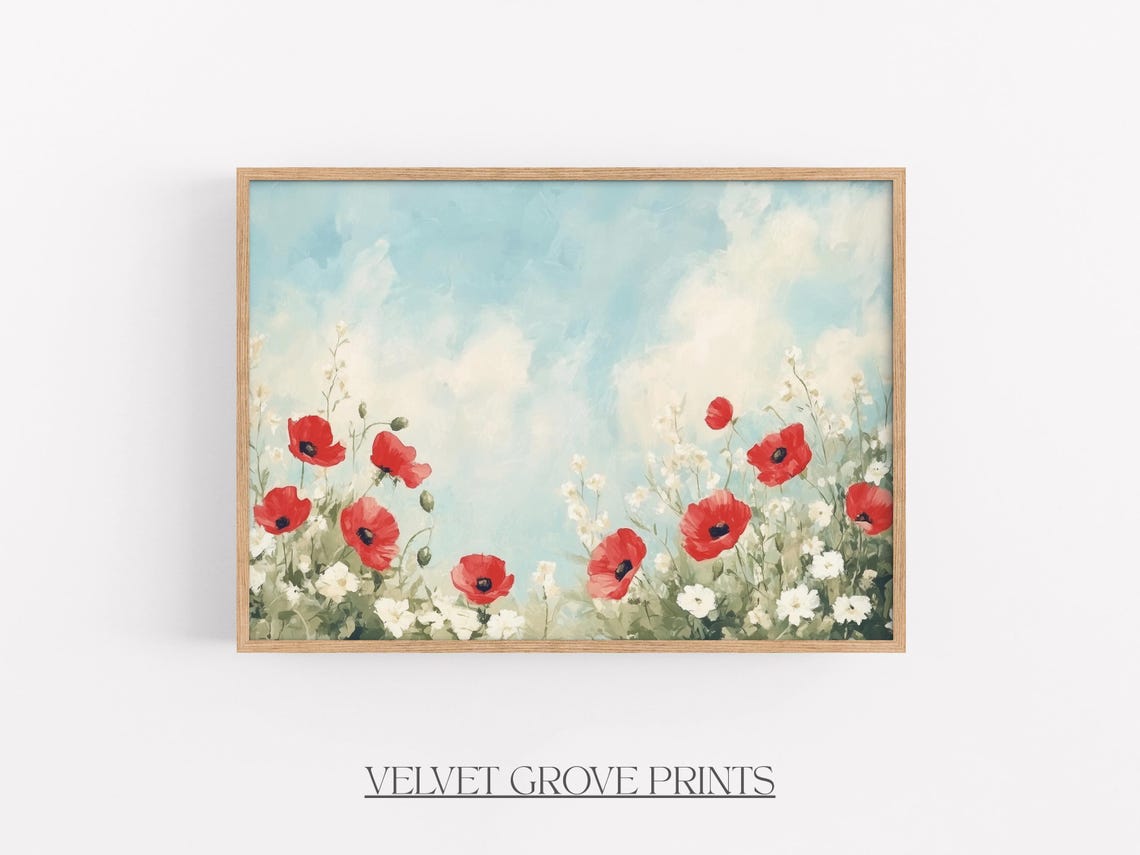 Red Poppies in Summer Meadow Under Blue Sky Watercolor Print