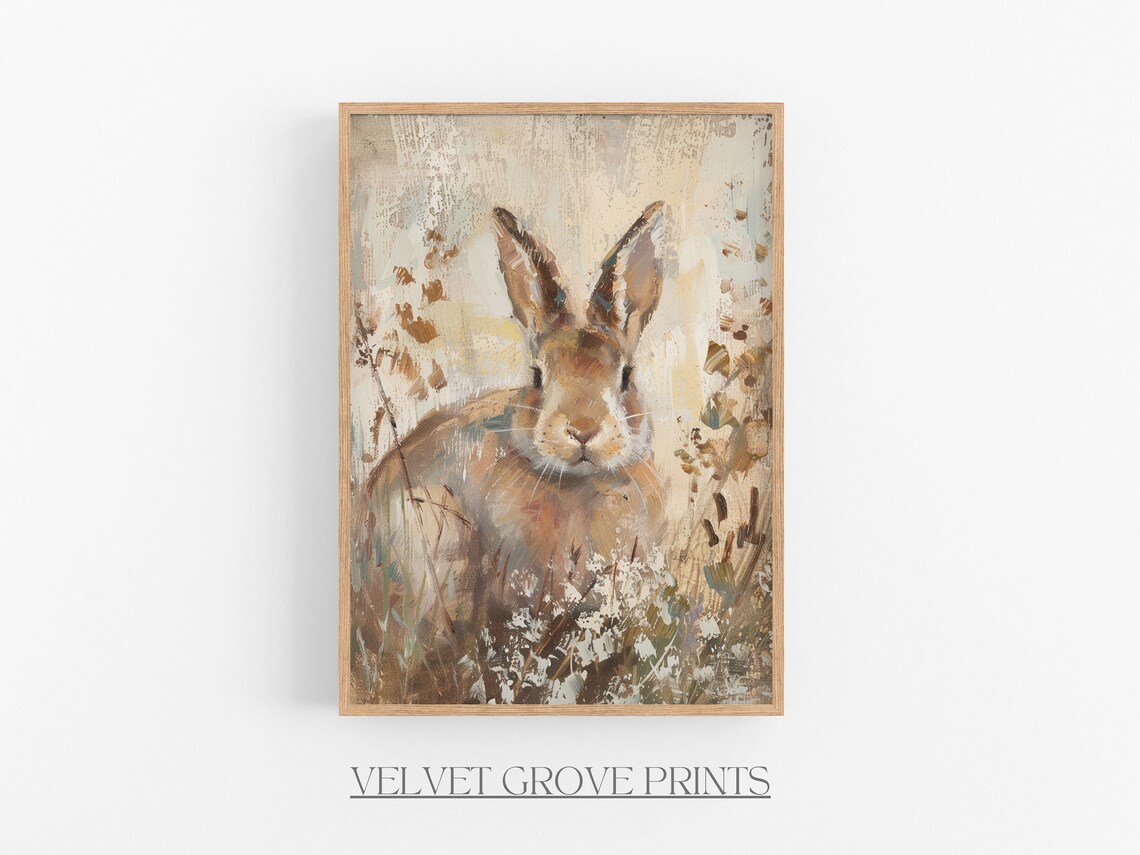 Rabbit Portrait Oil Painting Vintage Easter Bunny Wildflower Spring Poster