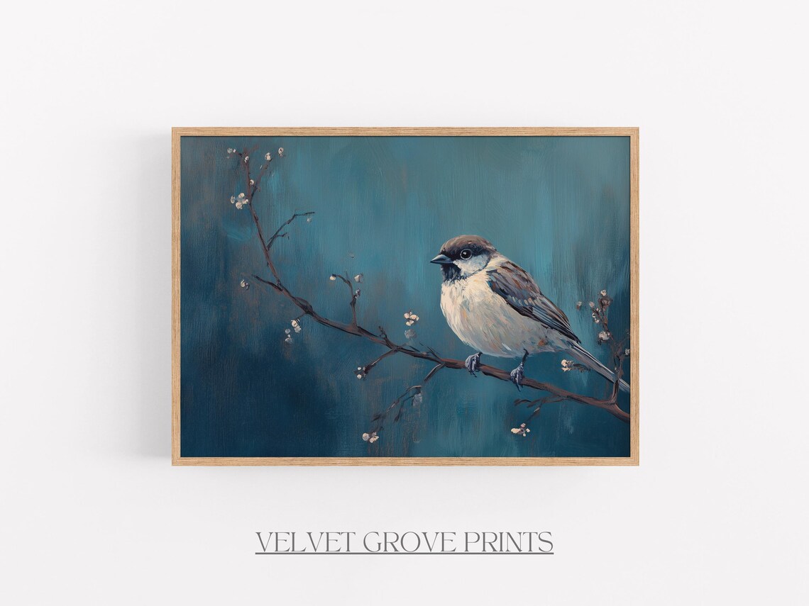 Little Songbird On Blossom Branch Moody Teal Bird Painting Poster
