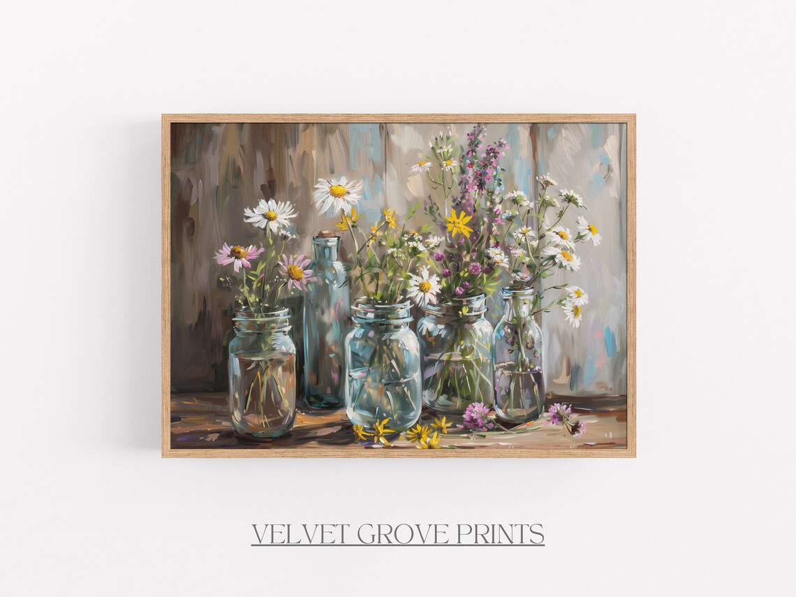 Wildflowers In Glass Mason Jars Rustic Farmhouse Still Life Print