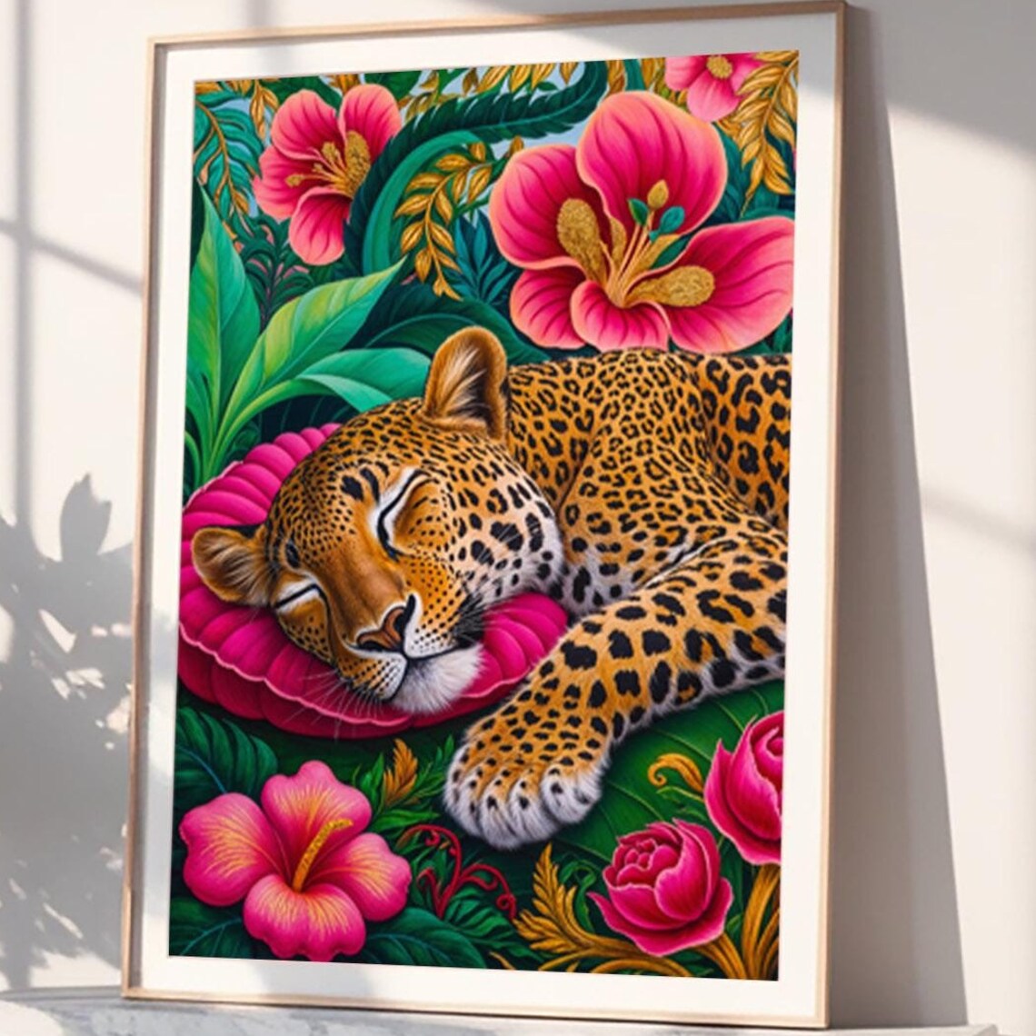 Leopard Sleeping, Boho Botanical Maximalist Art Print