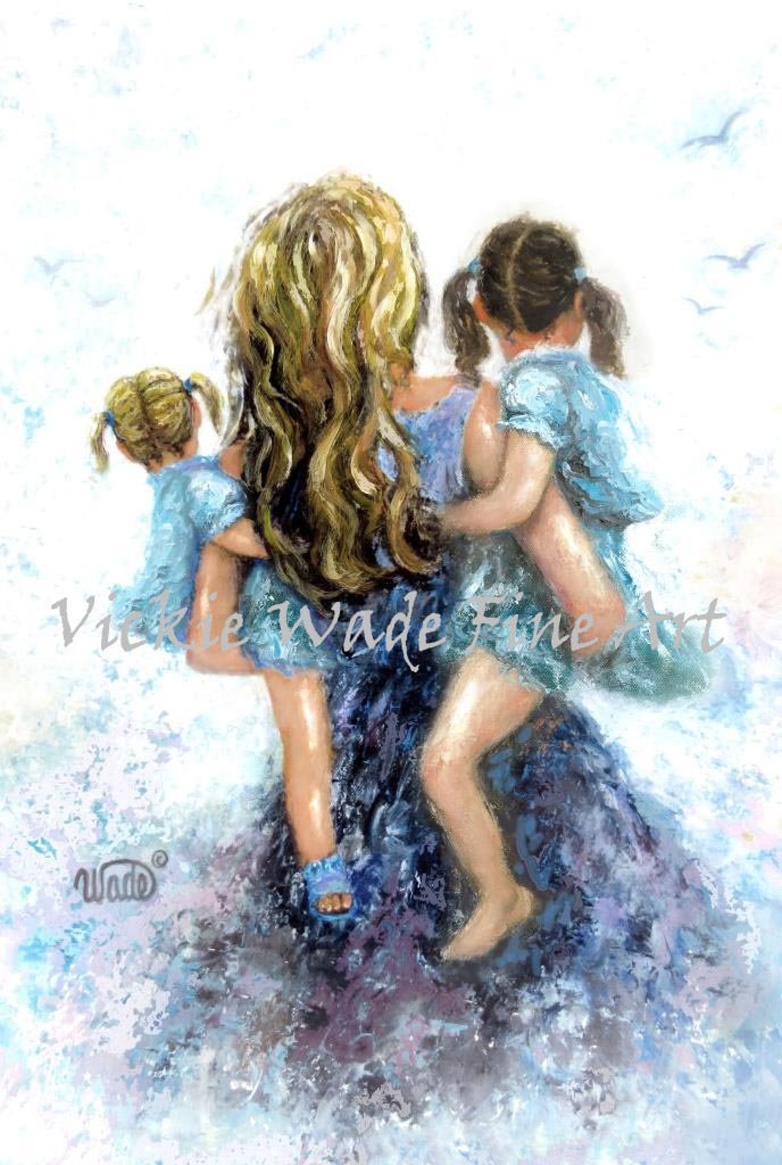 Mother Carrying Her Two Daughters From Behind in Soft Blue Poster