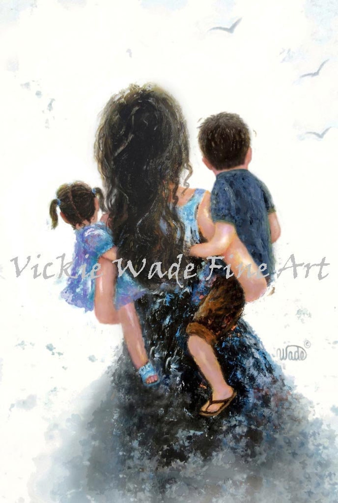 Mother Carrying Her Little Girl and Boy From Behind in Blue Poster