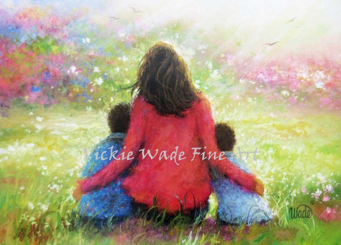 Mother In Red Hugging Two Sons In A Flower Meadow Art Poster