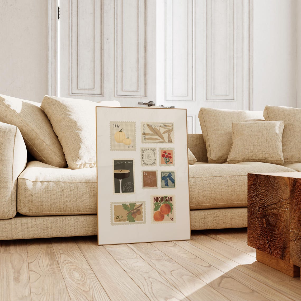 Vintage Postage Stamp Collage Fall Botanical Framed Decor Poster - Image 2