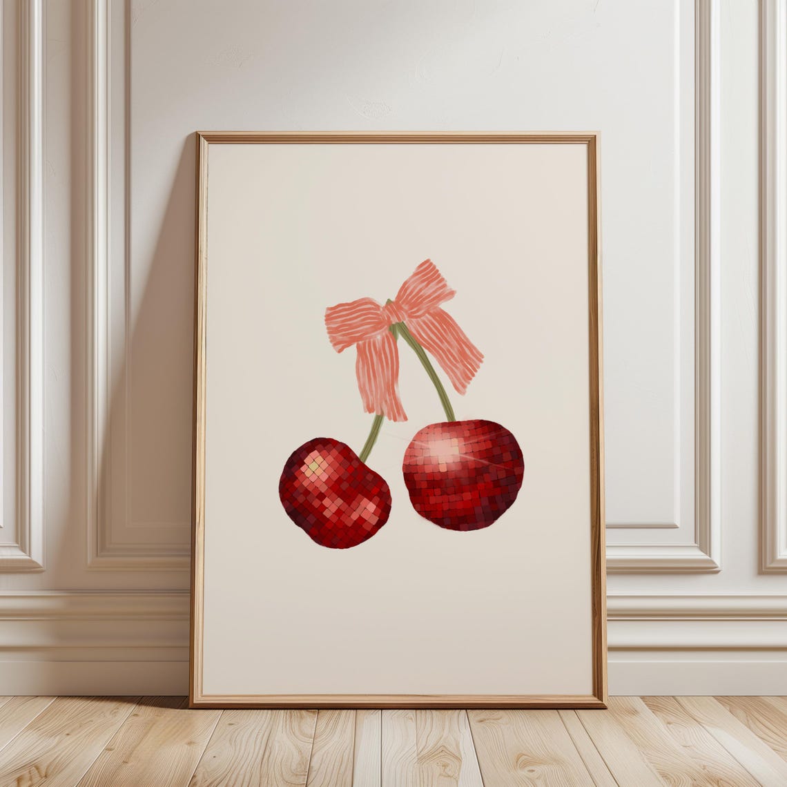 Red Disco Ball Cherries With Pink Bow Retro Coquette Kitchen Wall Art - Image 3