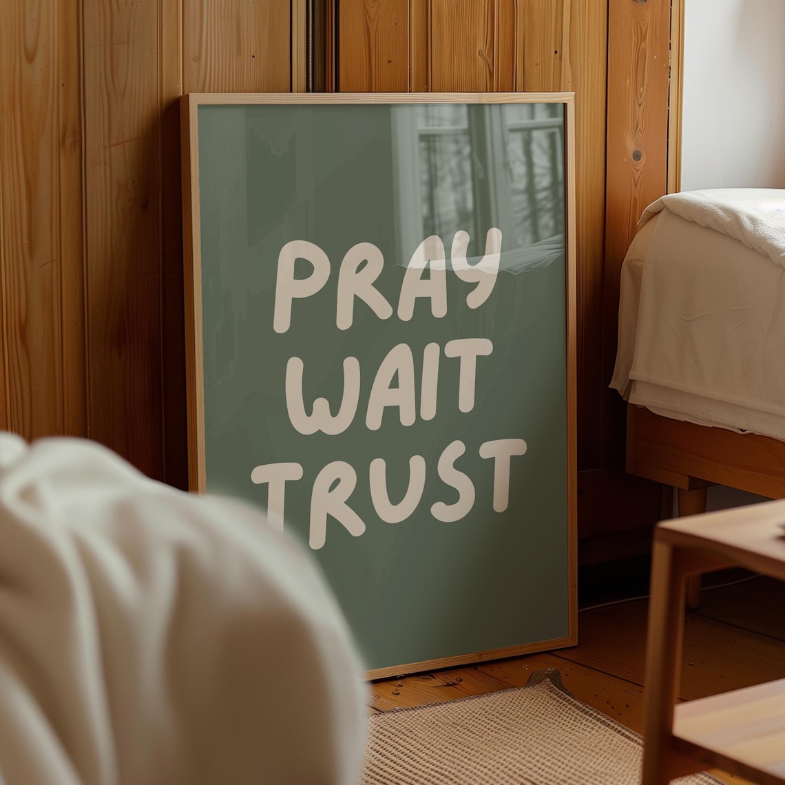 Pray Wait Trust Sage Green Retro Lettering Christian Faith Quote Poster