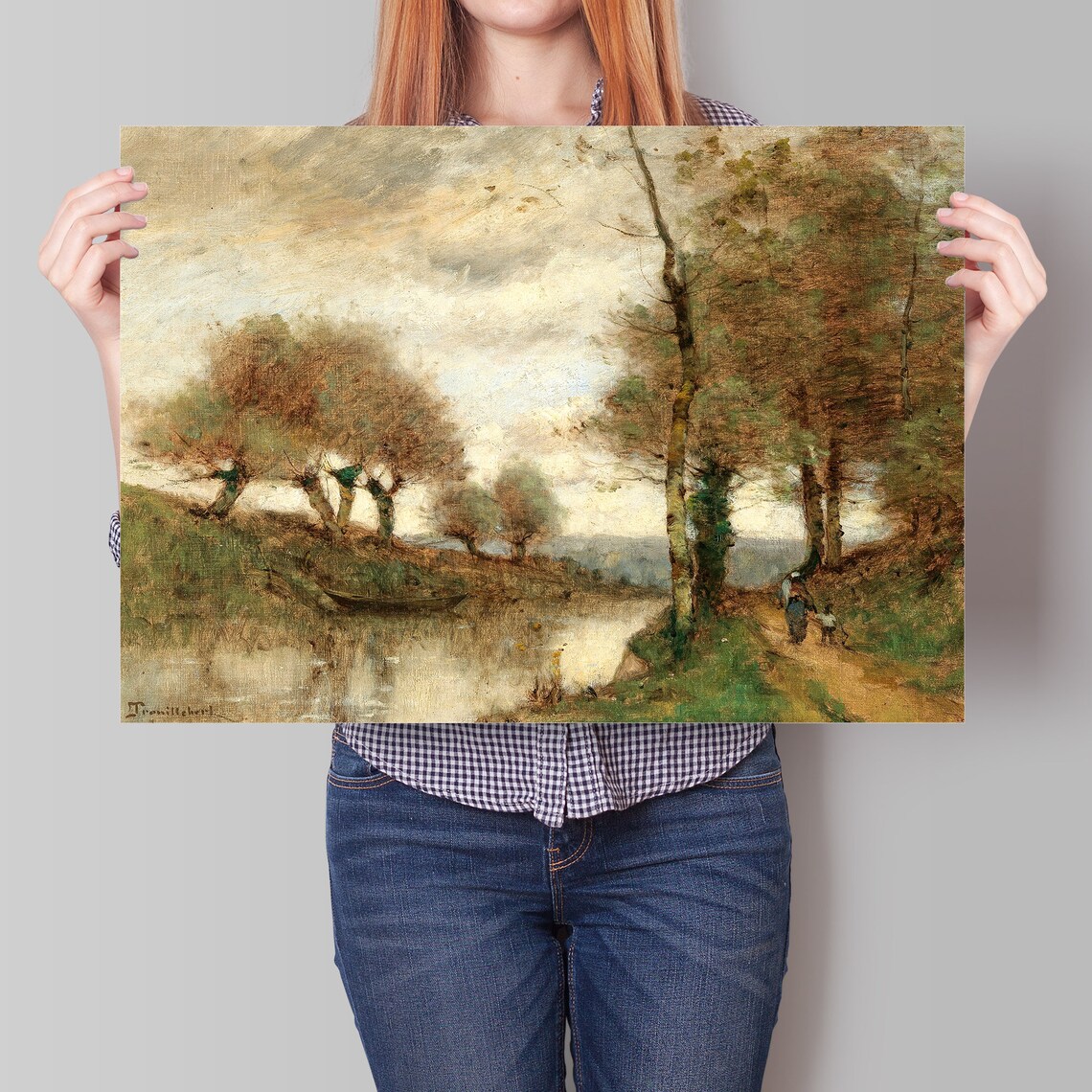 Vintage Oil Painting Autumn Riverbank Pollarded Trees Boat Art Poster - Image 3