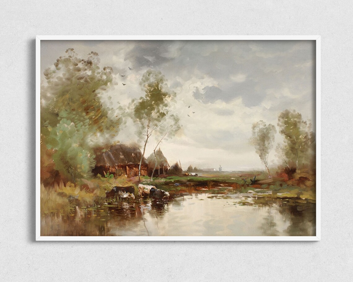 Cows Watering At Pond Thatched Farm Vintage Landscape Painting Poster