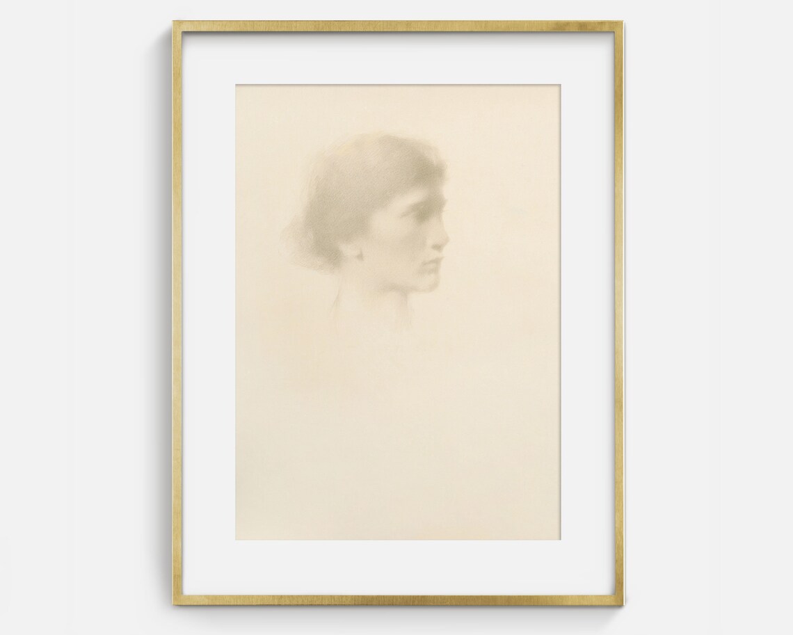 Minimalist Woman Profile Faint Neutral Sketch Vintage Art Print Poster - Image 2