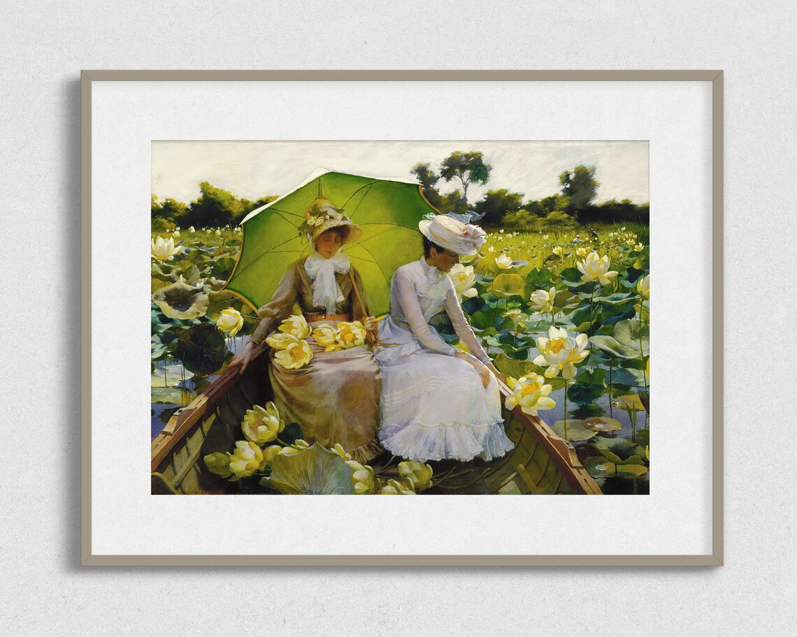 Women In Rowboat Among Lotus Lilies Green Parasol Painting Poster - Image 2