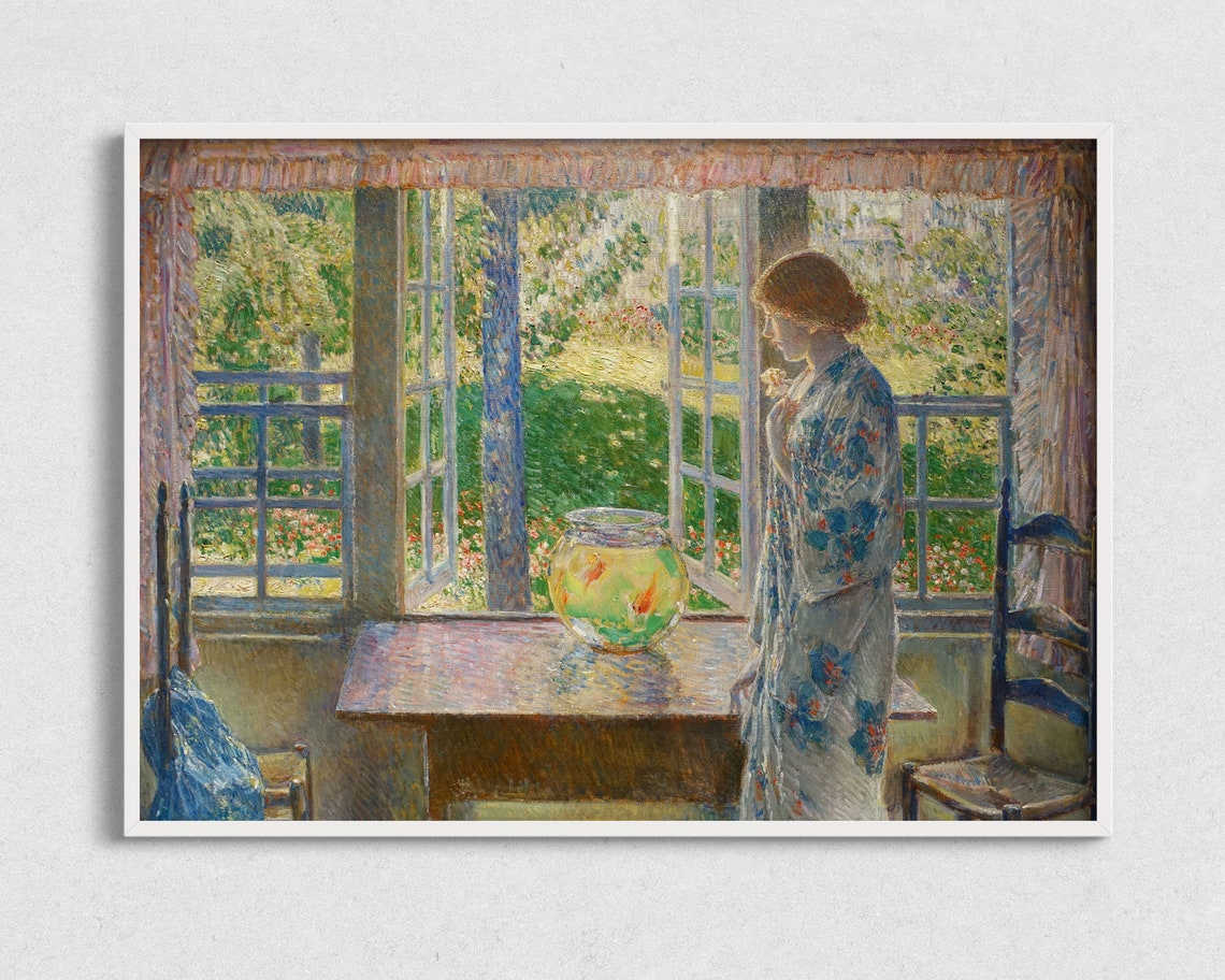 Vintage Painting Of Woman Portrait Of Woman In Kimono Woman With Fish Bowl Art Antique Gallery Wall Art