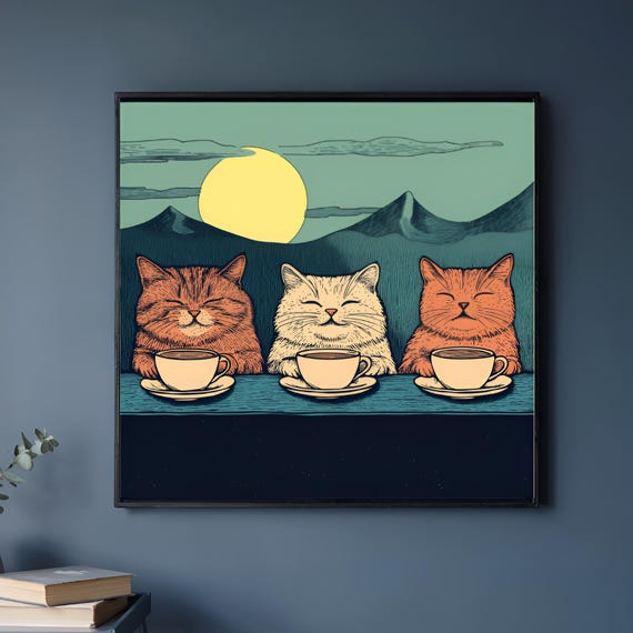 Mountain Cats Coffee Print Funny Cat Poster For Lovers Quirky Outdoor Art Cute Bar Decor Gift