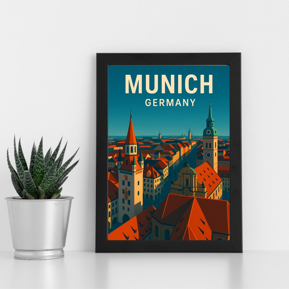 Munich Germany Old Town Rooftops Dusk City View Travel Poster