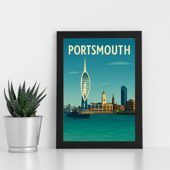 Portsmouth England Vintage Travel Poster Spinnaker Tower Harbor View