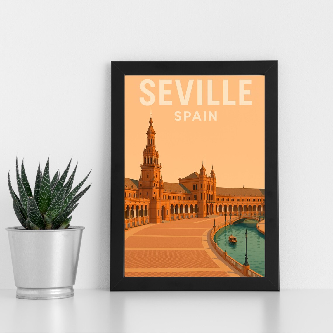 Seville Spain Plaza de Espana Grand Canal Sunset Travel Poster