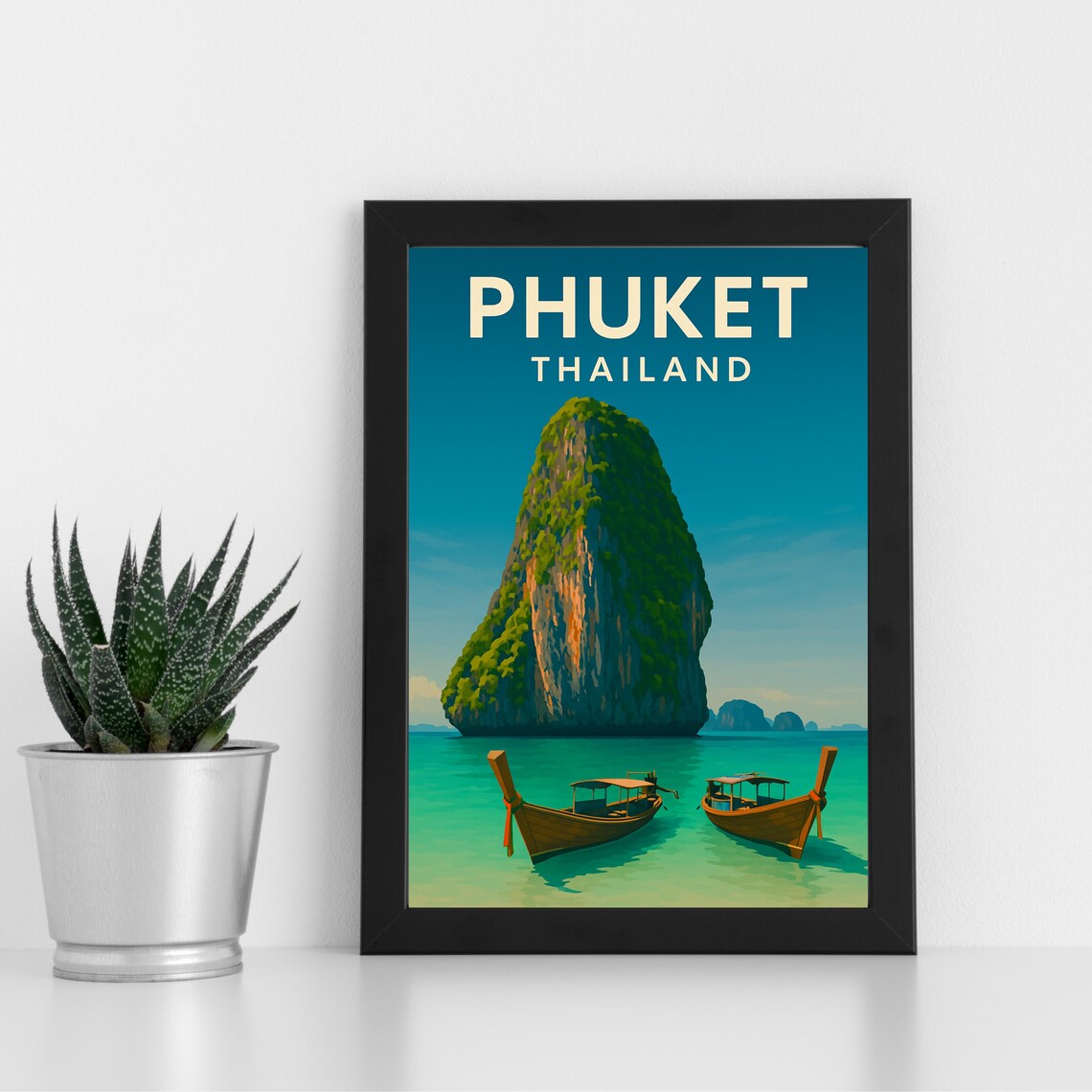 Phuket Thailand Karst Island Longtail Boat Tropical Travel Poster