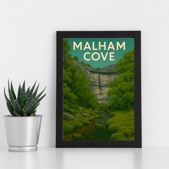 Malham Cove Limestone Cliff Woodland Stream Vintage Travel Poster