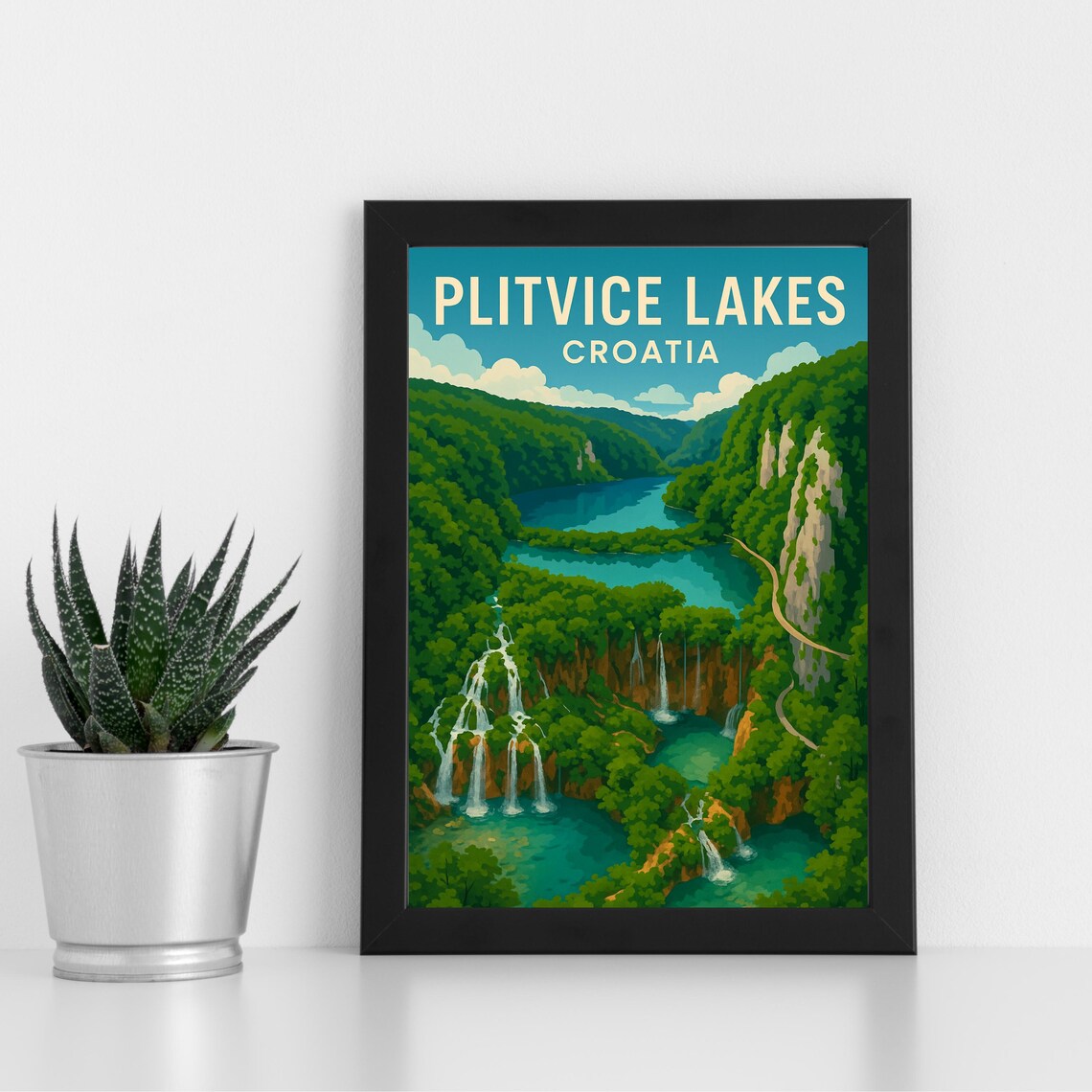 Plitvice Lakes Croatia Waterfalls Vintage National Park Poster