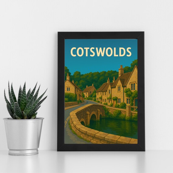 Cotswolds Stone Village Bridge Retro English Countryside Poster