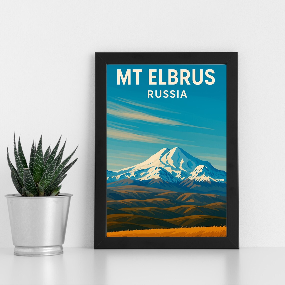 Mount Elbrus Russia Snowy Peak Golden Hills Travel Poster Art