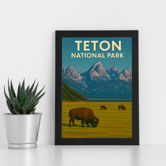 Teton National Park Bison Under Grand Peaks Vintage Travel Poster