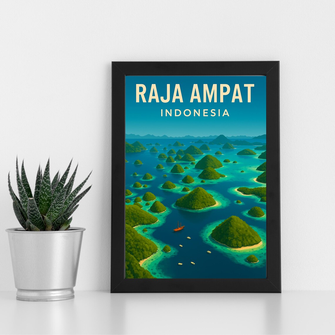Raja Ampat Indonesia Retro Travel Poster Karst Islands Boats Art
