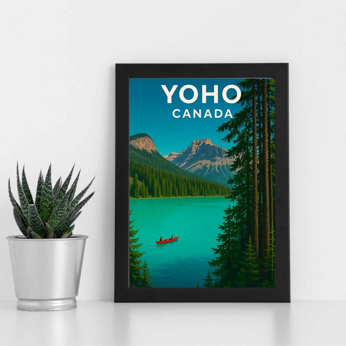 Yoho Canada Turquoise Alpine Lake Red Canoe Vintage Travel Poster