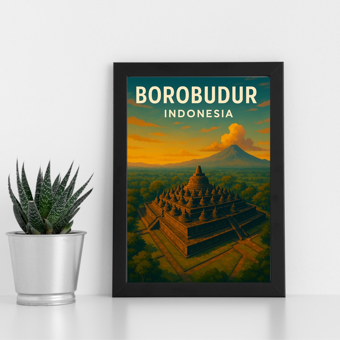 Borobudur Indonesia Temple Volcano Sunset Vintage Travel Poster