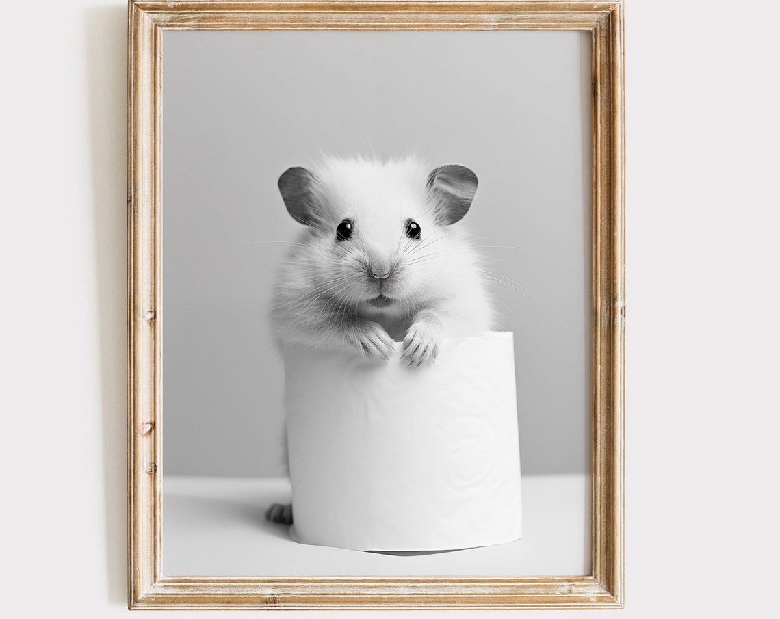 Cute White Hamster Over Toilet Paper Roll Funny Bathroom Poster