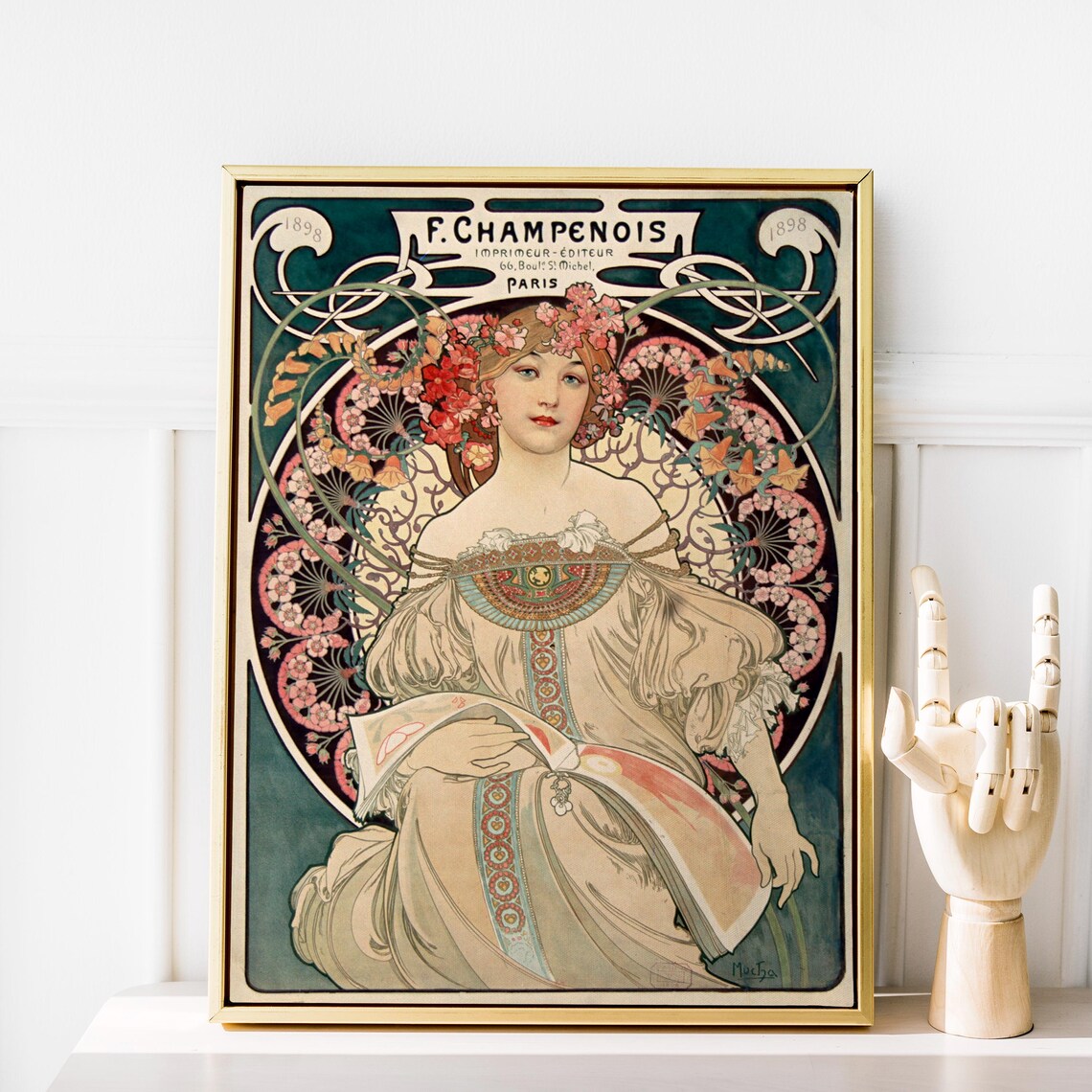 Mucha F Champenois Paris 1898 Art Nouveau Floral Woman Poster - Image 3