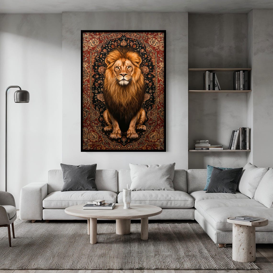 Lion Facing the Viewer Boldly on a Bright Red Oriental Rug Poster - Image 2