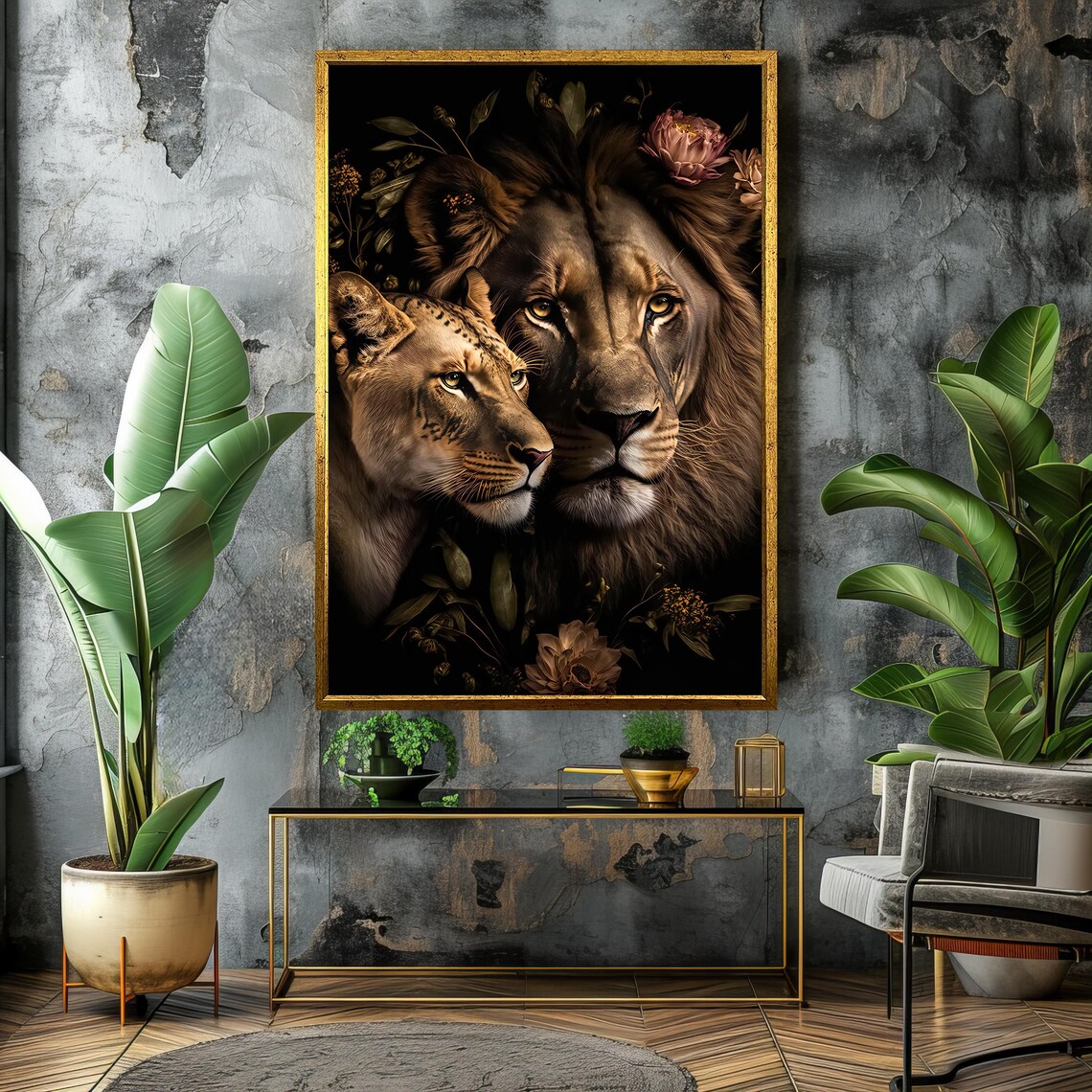 Tender Lion and Lioness Couple Dark Floral Portrait Poster For Bedroom Decor - Image 4