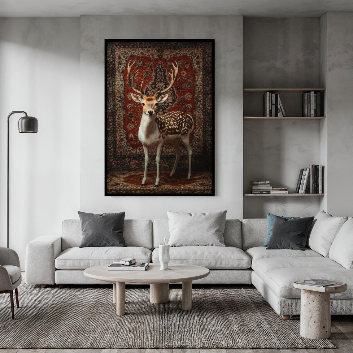 Spotted Deer Stag with Grand Antlers Before a Red Persian Rug Poster - Image 2