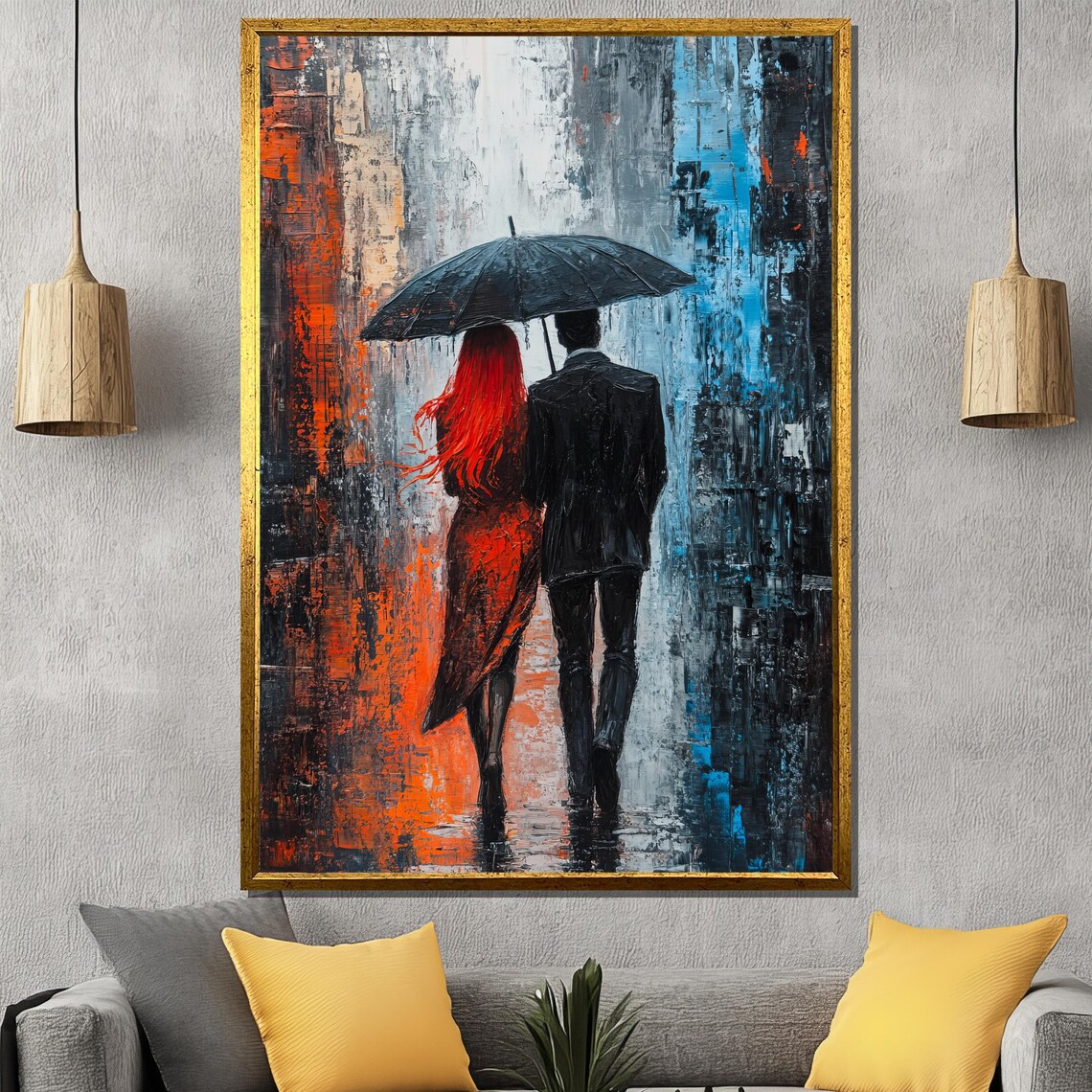 Couple Under Black Umbrella Rainy City Street Orange Blue Poster