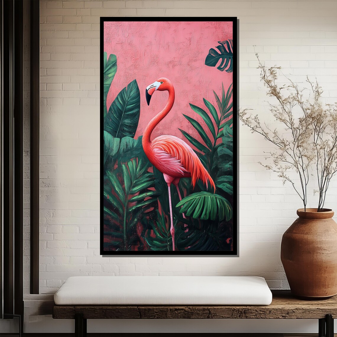 Pink Flamingo Among Tropical Palm Leaves Statement Art Poster - Image 3