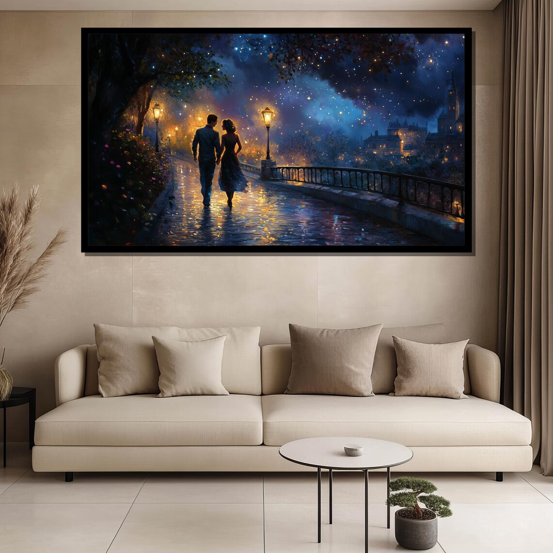 Couple Strolling Bridge Under Starry Night City Lights Poster - Image 3