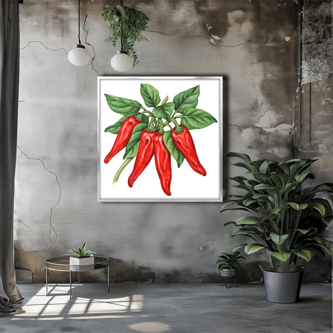 Vibrant Red Chili Peppers Bold Kitchen Painting With Fresh Green Leaves For A Spicy And Invigorating Culinary Space - Image 3