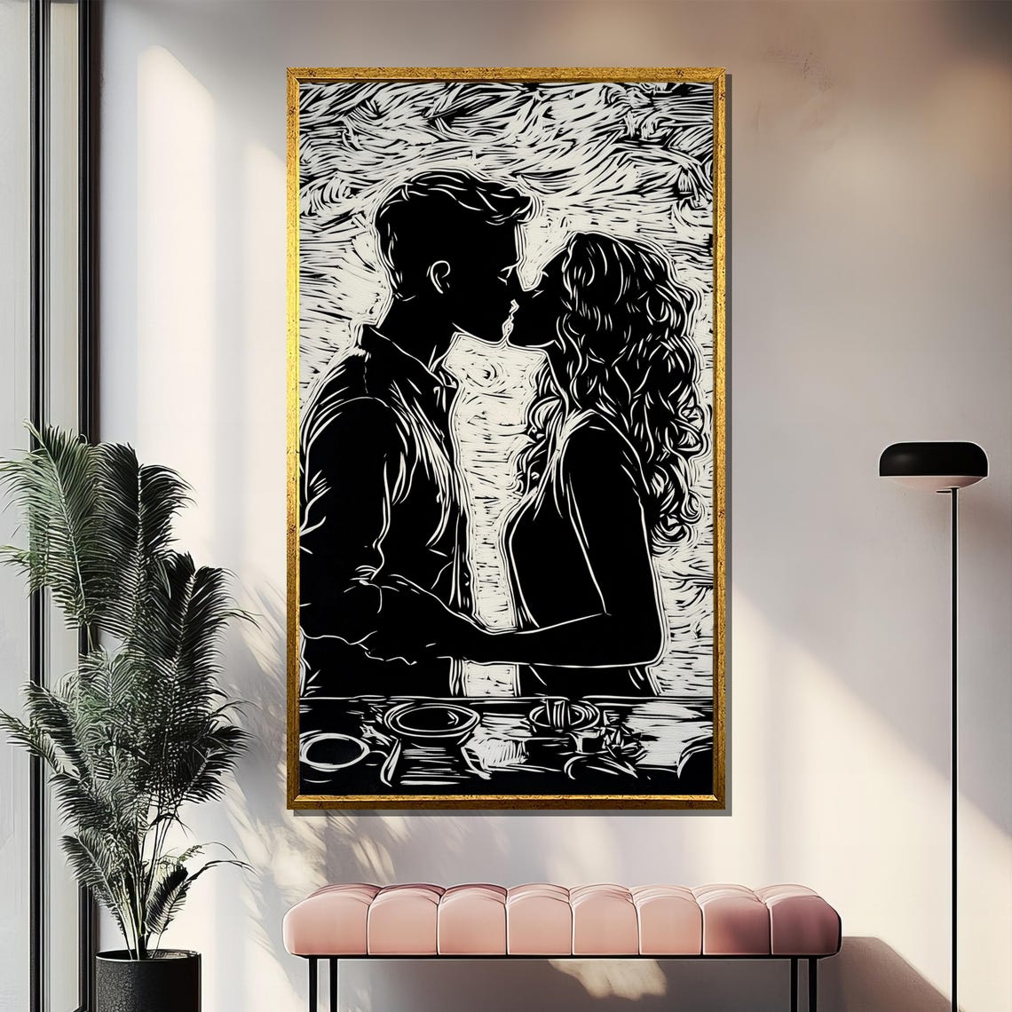 Kissing Couple Linocut Black and White Romantic Dinner Art Poster