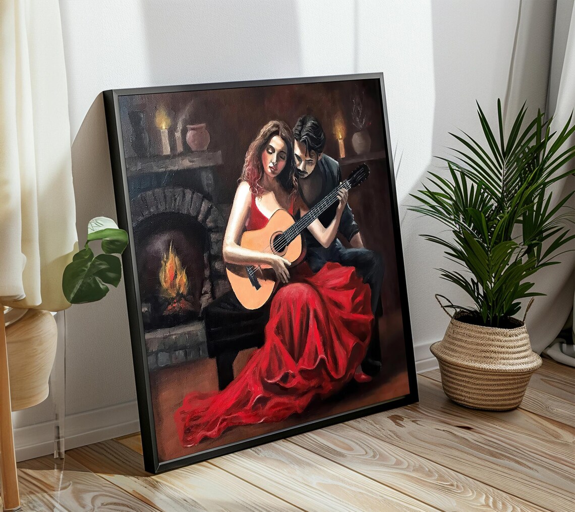 Romantic Couple Guitar by Fireplace Red Dress Night Art Poster