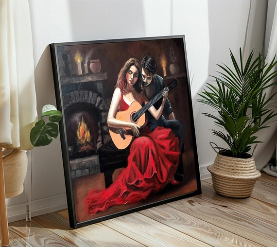 Romantic Couple Guitar by Fireplace Red Dress Night Art Poster