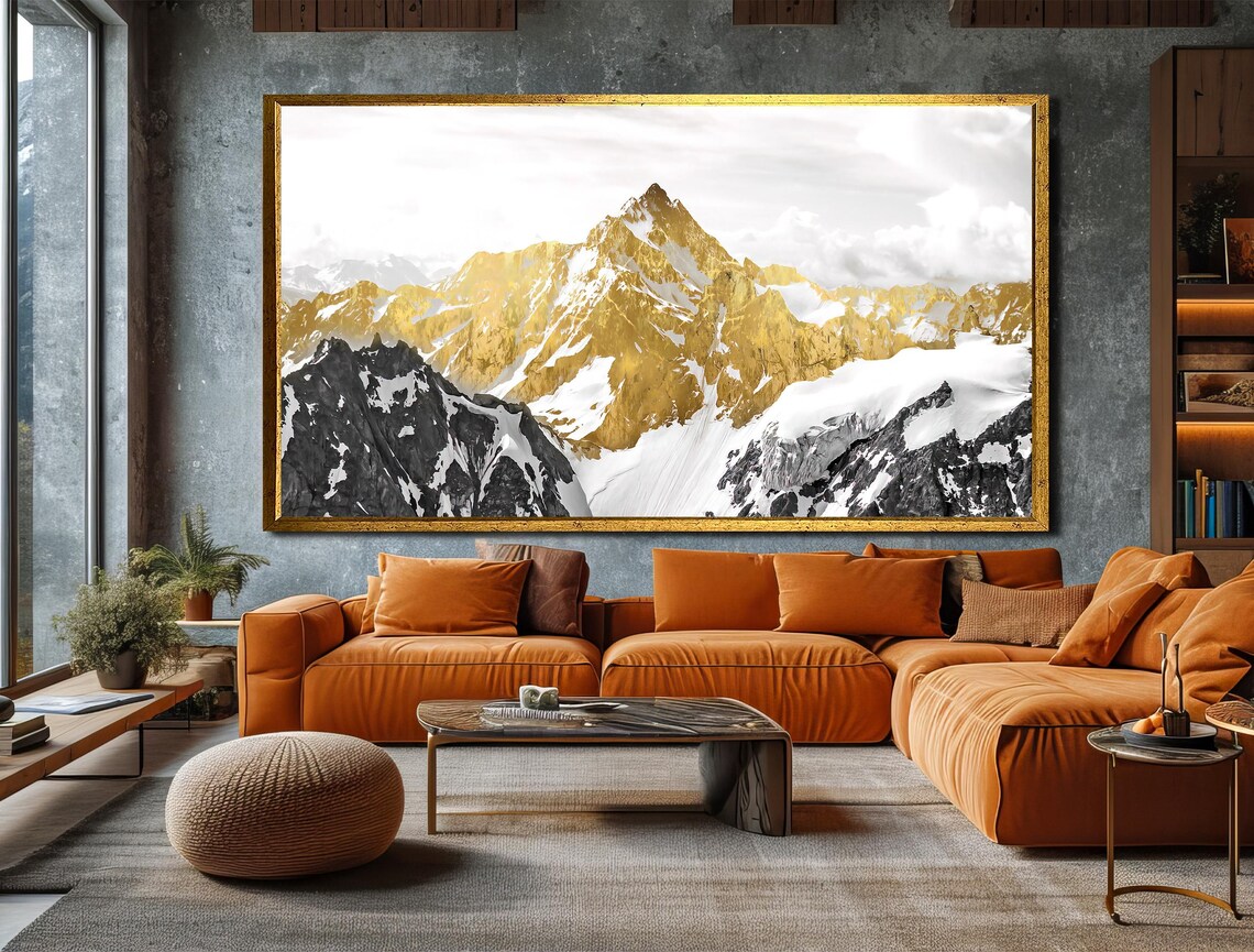 Golden Snow Capped Mountain Peaks Striking Gold White Art Poster - Image 4