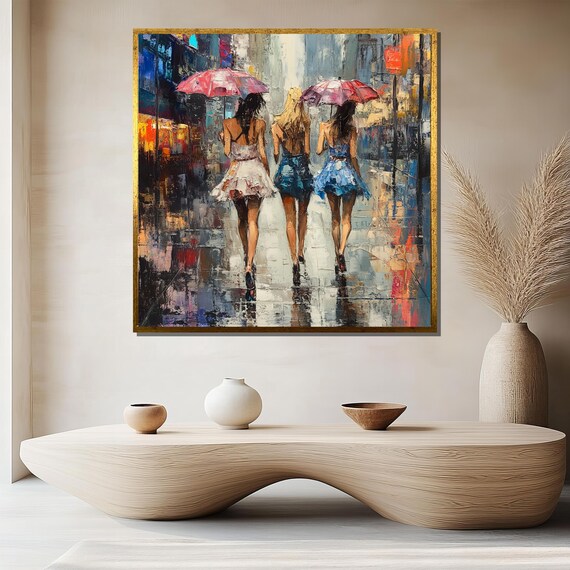 Three Women With Umbrellas Rainy Night City Street Scene Poster