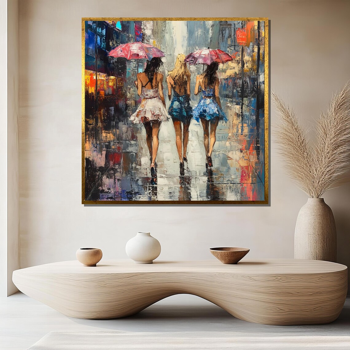 Three Women With Umbrellas Rainy Night City Street Scene Poster