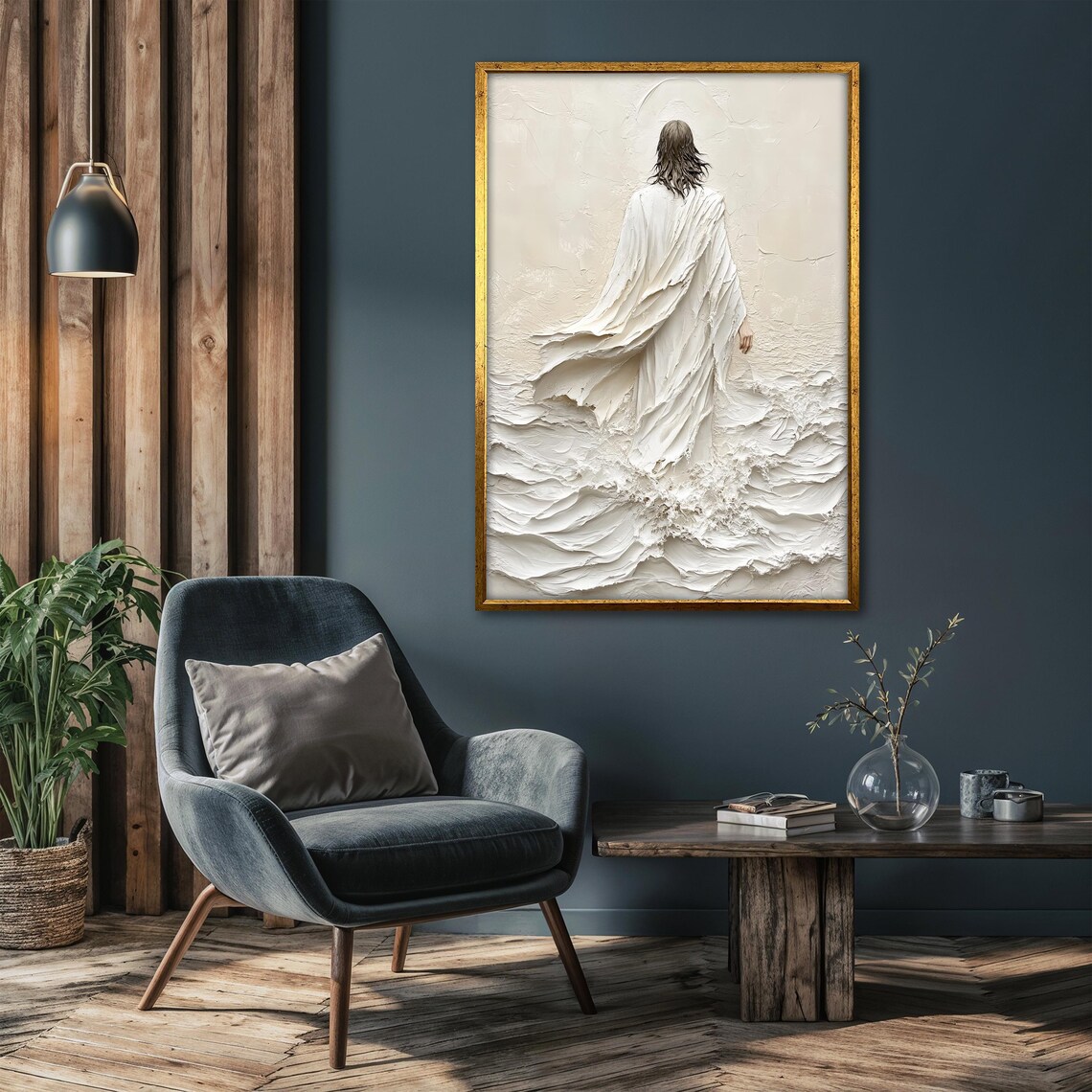 Jesus Walking on Water Amid Cream White Textured Impasto Waves Poster - Image 4