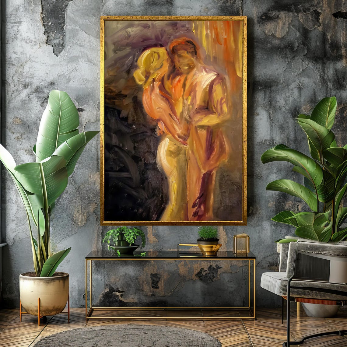 Impressionistic Lovers Golden Intimate Embrace Romantic Poster - Image 4