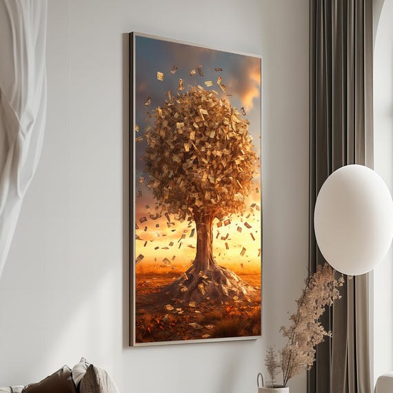 Abundance Tree Money Blossoming From Golden Tree At Sunset Motivational Painting For Success Inspired Home Decor Gift