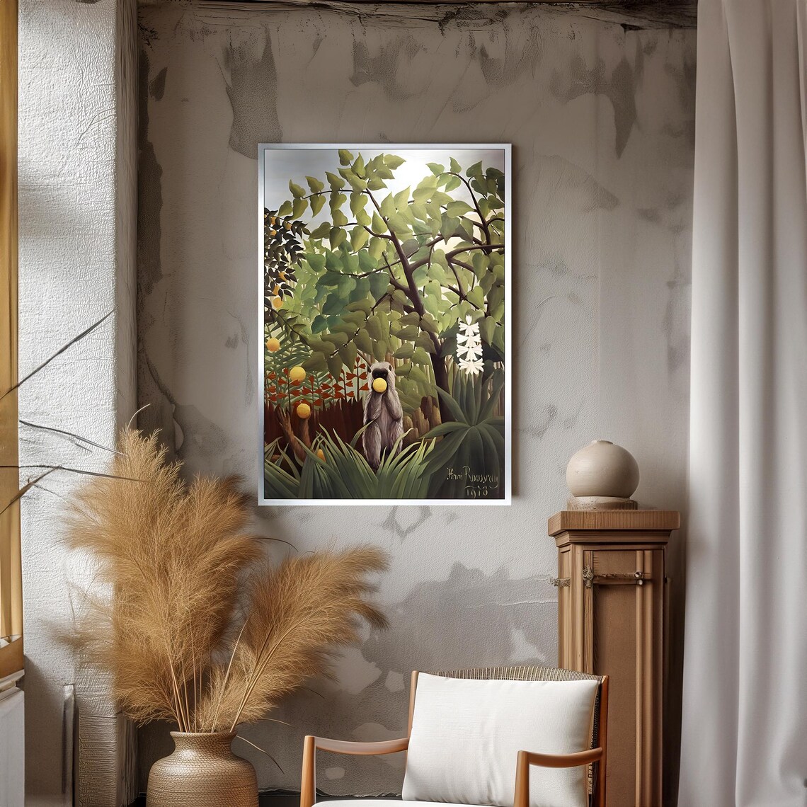 Henri Rousseau Style Lush Jungle Scene With A Monkey Eating Fruit Poster - Image 3