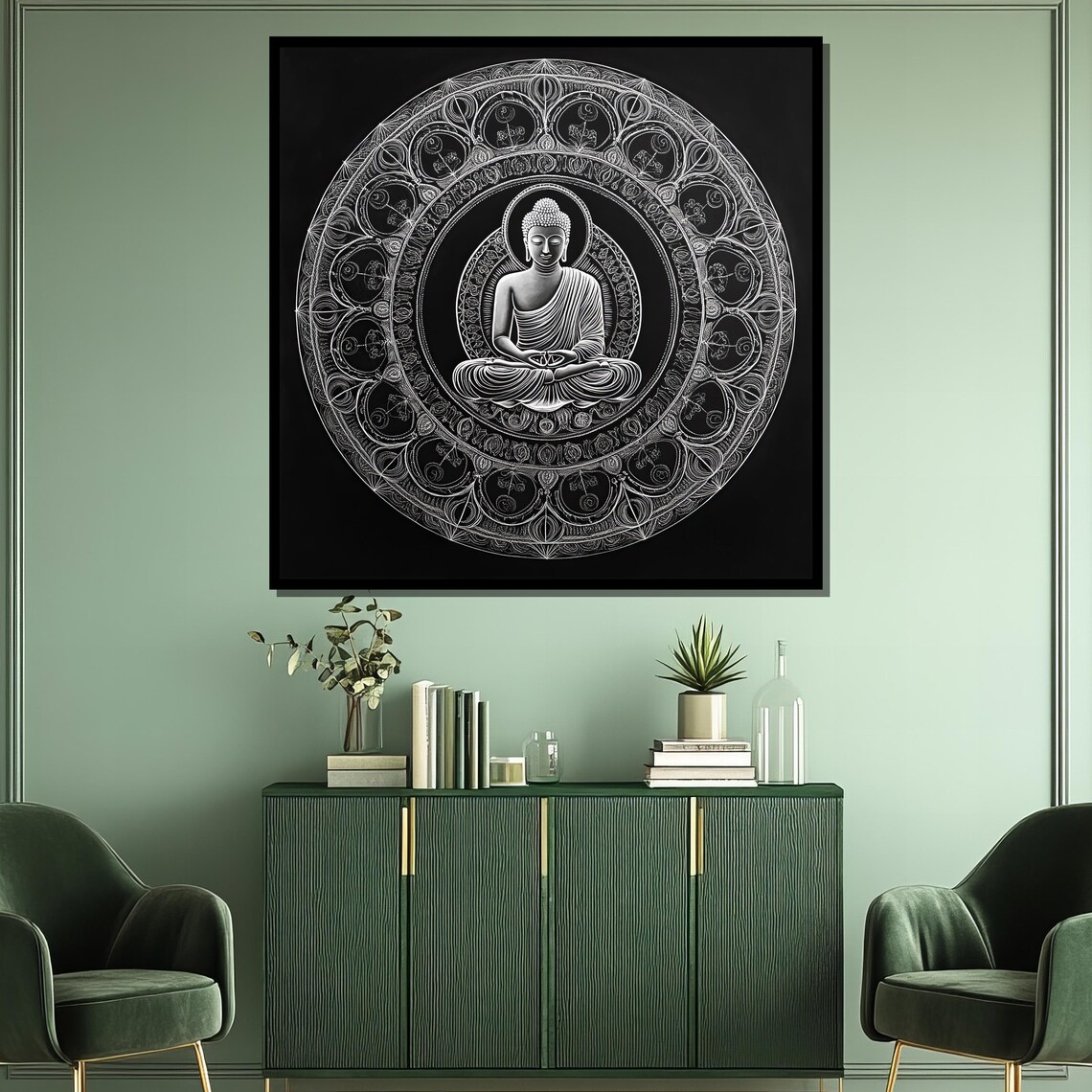 Buddha In Mandala White On Black Spiritual Meditation Decor Poster - Image 3