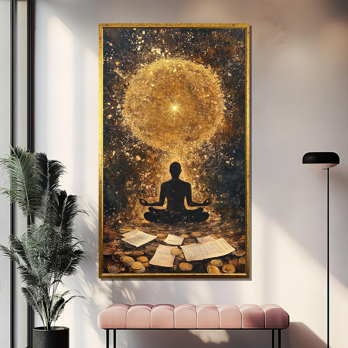 Golden Meditating Silhouette Radiant Sun Abstract Zen Poster